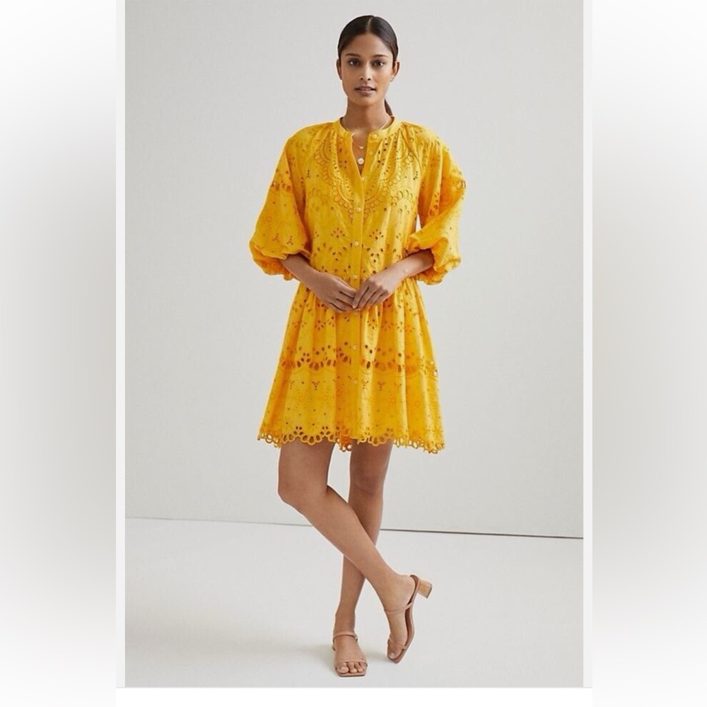 Anthropologie Dress Womens Small Yellow
Tallulah Eyelet Mini Puff Sleeve Button
